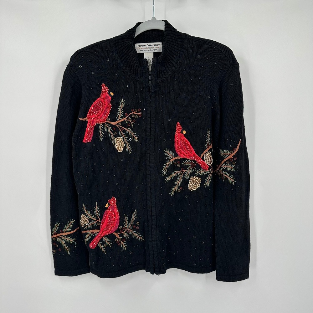 Heirloom Collectibles Womens Beaded Christmas Cardigan Sz S Sweater Embroidered